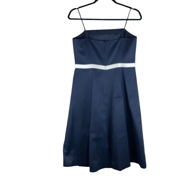 Ann Taylor Dress Navy Blue Cotton Silk Blend White Attached Belt w/Bow Sz 4 - Picture 3 of 7